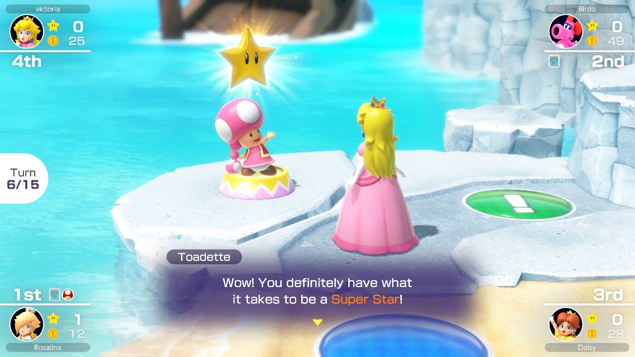 Screenshot from the Nintendo Switch game Mario Party. The character "Princess Peach" is playing in Mario Party mode. She is receiving a star from the character "Toadette" which will bring her closer to winning the game.